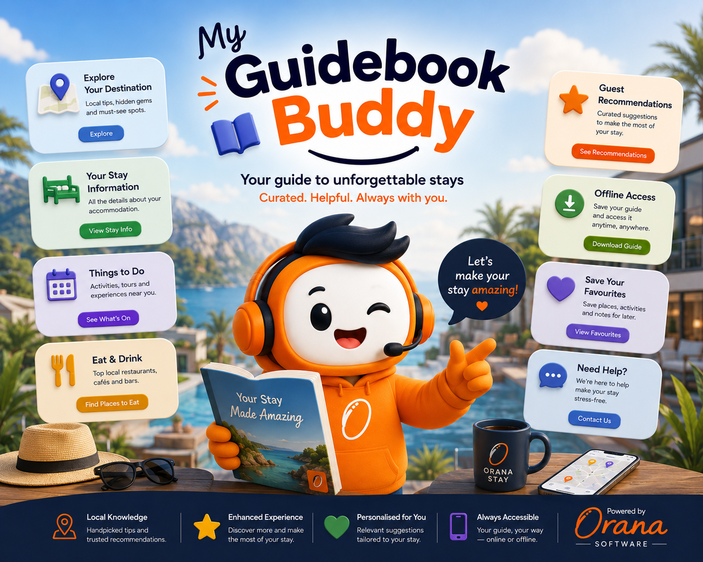 My Guidebook Buddy — explore destination, stay info, things to do, dining, recommendations, offline access, favourites, help